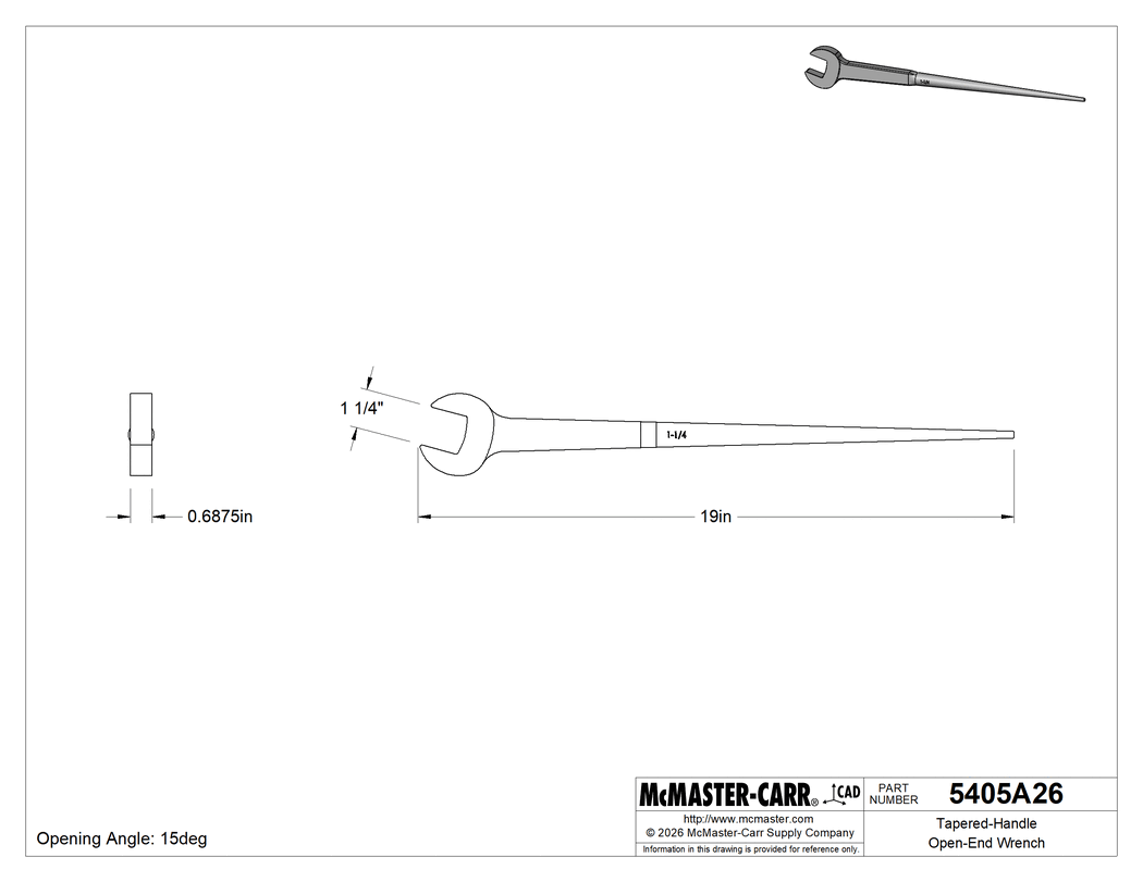 Technical Drawing of Open-End Wrench for Hole Alignment, 1-1/4" Size, 19" Overall Length.